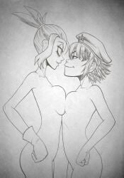 2girls asian asian_female black_hair breasts_pressed_together cyborg_noodle evil_grin fully_nude gloves gorillaz melancholy_hill robot robot_girl smile staring_at_another the_gaslight_district