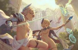 2girls antica_(bigrbear) armor bigrbear blonde_hair breasts clenched_teeth commentary_request gauntlets highres holding holding_staff holding_sword holding_weapon mage_staff medium_breasts multiple_girls original ostia_(bigrbear) short_hair smile staff sword teeth weapon