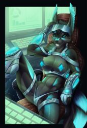 anthro armor blue_eyes breasts canine chair clothed clothing computer eyewear fangs female glasses grin keyboard knight_dd looking_at_viewer mammal pasties pussy sitting skimpy smile solo unconvincing_armor underwear