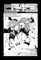 2girls 3boys big_breasts cum cum_on_breasts cum_on_face cum_on_tongue devola exposed_breasts fivesome handjob manga multiple_boys nier:_automata orgy partially_clothed popola shimaidon sisters tongue tongue_out