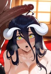 1boy 1girls ai_generated albedo_(overlord) ass big_breasts black_hair breasts dark-skinned_male female female_focus hips horns huge_ass huge_breasts huge_cock large_breasts light-skinned_female looking_at_penis mature_female naked naked_female navel nude nude_female overlord_(maruyama) thick_thighs thighs wide_hips wings yellow_eyes