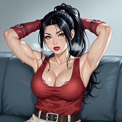 1girls ai_generated armpits armpits_fetish arms_up bra breasts elbow_gloves large_breasts looking_at_viewer nadia_franciscus nightmare_creatures red_elbow_gloves red_lipstick red_tank_top sweat tank_top upper_body