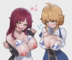 aisha_udgard big_breasts bra mushoku_tensei mushoku_tensei:_isekai_ittara_honki_dasu norn_greyrat partially_clothed shy sisters whore_eyes
