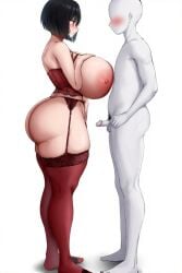 ai_generated big_ass big_breasts black_hair_female cute_face dominant_female lingerie massive_breasts pale-skinned_female short_hair_female small_penis