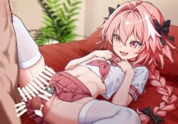 2boys after_anal after_sex animegao astolfo_(fate) astolfo_(fate)_(cosplay) astolfo_(sailor_paladin)_(fate) balls bar_censor black_bow bodysuit bow braid censored chastity_cage cosplay covered_navel crotch_zipper cum cum_in_ass cum_on_male erection fate/grand_order fate_(series) flat_chastity_cage hair_intakes hairbow kigurumi long_braid long_hair lying m00nmmm male_focus miniskirt multiple_boys neckerchief oerba_yun_fang on_back penis pink_hair pink_neckerchief pink_sailor_collar pink_skirt pleated_skirt sailor_collar school_uniform serafuku short_sleeves single_braid skin_fang skirt small_chastity_cage solo_focus testicles thighhighs trap very_long_hair white_stripes white_thighhighs yaoi