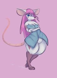 2024 after_shower anthro big_ears biped blue_eyes breasts brown_nose female fur genitals hair long_hair long_tail looking_at_viewer mammal mouse murid murine nude pink_background pink_hair pink_inner_ear pink_tail plump_labia pussy rodent simple_background solo squaresville standing tail thick_thighs towel towel_only vulva wet white_body white_ears white_fur white_pussy white_vulva