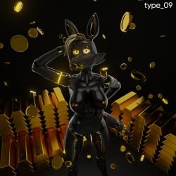 1:1 3d_(artwork) alternate_color animatronic anthro barely_visible_clitoris barely_visible_genitalia big_breasts black_background black_body blonde_hair breasts canid canine clitoris coin digital_media_(artwork) female five_nights_at_freddy's five_nights_at_freddy's_2 fox genitals glistening glistening_body glistening_hair glistening_nipples glowing glowing_eyes gold_(metal) gold_bar gold_body gold_coin gold_lipstick gold_nipples hair hand_on_hip hand_on_own_hip hi_res high-angle_view holding_coin holding_object lips looking_at_viewer machine mammal mangle_(fnaf) money mouth_hold nipples nude_anthro robot robot_anthro scottgames simple_background solo tail type_09 watermark yellow_eyes