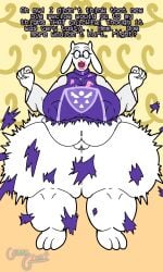 1girls 2d anthro ass_expansion big_ass big_belly big_breasts crumbs crumbs_on_breasts crumbs_on_face deltarune dialogue english_text expansion exposed_pussy female female_focus female_only food_fetish food_on_face furry guavagrunt horn huge_ass huge_breasts huge_thighs indoors living_room looking_down mature mature_female messy_face milf monster monster_girl mostly_nude mostly_nude_female nipples_visible_through_clothing overweight overweight_female pussy ripped_clothing sauce shocked shocked_expression speech standing text thick_thighs thigh_expansion thighs toriel undertale white_body