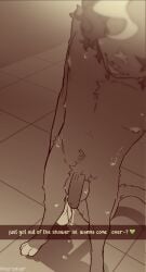 2025 3_toes after_shower anthro artist_name balls curly_hair domestic_cat dripping_wet english_text facial_scar fangs feet felid feline felis flaccid floor fur genitals hair heart_symbol hi_res holding_object holding_towel humanoid_genitalia humanoid_penis male male_anthro mammal monochrome navel nerunaur nipples nude nude_anthro nude_male penis phone_screen pubes scar selfie short_snout snout snout_scar solo spot_(noirzvault) standing tail teeth text tile tile_floor toes tongue tongue_out towel twitter_handle wet wet_body wet_fur