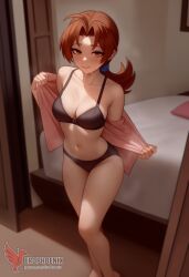 1girls 2d ai_generated ass barefeet big_ass big_breasts bra breasts brown_eyes brown_hair cleavage delia_ketchum_(pokemon) erophoenix feet female female_focus full_body looking_at_viewer looking_back low_ponytail milf nintendo older_woman open_clothes pale_skinned_female patreon_username pokemon smile soles solo solo_female sweat thick thick_thighs toes uncensored underwear undressing voluptuous