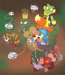 amphibian anal aphrodisiac argon_vile ass balls baseball_cap belly bent_over bodily_fluids bottomless bottomless_male boxers_(clothing) clothed clothing conker conker's_bad_fur_day crocodile crocodilian crown cum cum_in_mouth cum_inside cum_on_feet dazed diddy_kong diddy_kong_racing donkey_kong_(series) drugged english_text erection feet fellatio foot_fetish foot_play footjob footwear frog from_behind_position fur genital_fluids genitals green_body green_scales group group_sex haplorhine hat headgear headwear hi_res k_rool kremling krunch_the_kremling lying male male/male male_penetrated male_penetrating male_penetrating_male mammal monkey navel nintendo on_back oral orgasm orgy overweight pantsless partially_clothed penetration penile penis poisonous primate rareware red_body red_fur reptile rodent scales scalie sciurid sex shoes size_difference spiral_eyes substance_intoxication text topwear tree_squirrel underwear underwear_down vest wheelbarrow_position