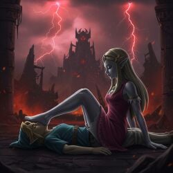 1boy 1boy1girl 1girls ai_generated castle corruption defeat defeated defeated_hero dominant dominant_female domination femdom foot_fetish foot_focus foot_lick foot_play foot_worship link princess_zelda sitting_on_lap sitting_on_penis sitting_on_person stepped_on stepping_on_face stepping_on_head submission submissive zelda_(breath_of_the_wild)