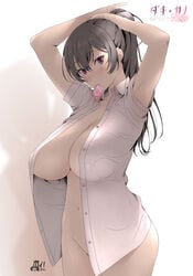 armpits breasts cleavage condom condom_in_mouth condom_wrapper female hairband highres large_breasts long_hair mdf_an mouth_hold navel no_pants open_clothes open_shirt original ponytail shirt simple_background