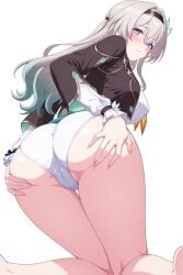 ass ass_focus ass_grab blush breasts cameltoe deep_skin embarrassed female firefly_(honkai:_star_rail) from_behind from_below grey_hair hairband honkai:_star_rail huge_ass kneeling large_breasts long_hair looking_at_viewer looking_back panties raygun19 shiny shiny_hair shiny_skin sideboob solo thick_thighs very_long_hair