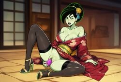 ai_generated dildo dildo_in_pussy female female_focus female_only green_hair grey_body high_heels kim_possible masturbation one_breast_out open_mouth pussy pussy_juice shego solo stockings