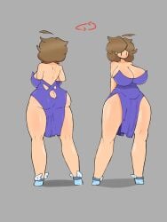 ñ 1girls ahoge ass back_view big_breasts big_thighs black_eyes blue_clothing breasts brown_hair dress front_view geby_(megamor) huge_boobs huge_breasts huge_thighs megamor oc robot robot_girl shoes simple_background tall taller_female taller_girl thick_thighs thighs twitter_user_oc white_skin