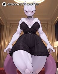 (creature) 1girls ai_generated belt black_choker black_dress breasts choker closed_mouth collarbone colored_skin covered_nipples dress fewer_digits furry furry_female indoors lamp large_breasts looking_at_viewer meevow mewtwo patreon_logo patreon_username pokemon purple_eyes short_dress solo standing strapless_dress tail thick_thighs thighs watermark web_address wide_hips
