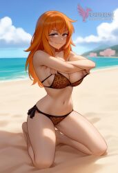 1girls 2d ai_generated ass barefeet big_ass big_breasts bikini breasts cleavage day erophoenix feet female female_focus full_body gamo-chan grin leopard_print long_hair looking_at_viewer nipple_slip nipples ocean orange_eyes orange_hair outdoors patreon_username please_don't_bully_me,_nagatoro solo solo_female sweat thick thick_thighs toes uncensored undressing