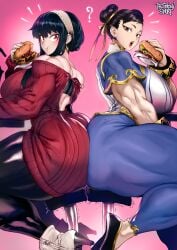 2girls artist_name artist_signature asian_female ass_to_ass black_hair burger capcom chair chun-li closed_mouth clothing crossover eating eating_food exposed_back exposed_shoulders female_focus female_only hamburger high_heels huge_ass huge_breasts large_breasts looking_at_viewer muscular_female question_mark red_eyes shueisha simple_background sitting sitting_on_chair spy_x_family street_fighter street_fighter_6 symmetrical_docking tall_female text thegoldensmurf thick_thighs yor_briar