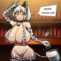 animal_print bar_(place) bartardbat0 bartender bell bikini blonde_hair breasts bucket burnice_white cow_horns cow_print cow_print_bikini cow_print_thighhighs cow_tail cowbell curvy highres horns lactation large_breasts milk print_bikini print_thighhighs red_eyes salute short_twintails swimsuit tail thick_thighs thighhighs thighs tongs twintails wide_hips zenless_zone_zero