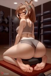 1girls 2d ai_generated ass barefeet big_ass breasts brown_hair erophoenix feet female female_focus full_body gym hairclip hololive hololive_english hololive_english_-council- hololive_english_-promise- indoors looking_at_viewer medium_breasts nanashi_mumei navel patreon_username short_shorts shorts solo solo_female sports_bra sweat thick thick_thighs toes uncensored virtual_youtuber vtuber