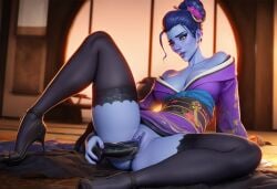 ai_generated breasts clothing dildo dildo_in_pussy dress female female_focus female_only high_heels kimono masturbation nipples one_breast_out overwatch overwatch_2 pussy solo stockings widowmaker