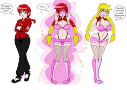 1girls bimbo bimbofication blush bra breast_expansion breasts busty cleavage clothing english_text fishnet_stockings fishnets flats high_heel_boots high_heels kobi-tfs large_breasts mind_break panties pink_eyes ranma-chan ranma_1/2 ranma_saotome red_hair redhead rule_63 shorts stockings tagme text transformation two-tone_hair voluptuous whale_tail