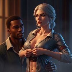 ai_generated big_breasts ciri cleavage dark-skinned_male interracial the_witcher_3:_wild_hunt
