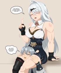 between_thighs choke_hold closed_eyes english_text head_between_thighs muscular_arms muscular_female one_finger_up tagme_(artist) wise_(zenless_zone_zero) yixuan_(zenless_zone_zero) zenless_zone_zero