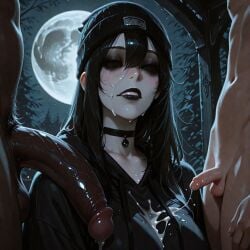 1girls 2boys ai_generated beanie black_eye black_hair black_lips black_sclera choker cock_worship cuckold cum cute_face cute_girl dark-skinned_male female forest goth goth_girl gothic gremmy gremmy(cult_of_gremmy) hoodie interracial large_penis light-skinned_male long_hair looking_at_viewer male moon netorare nipples ntr original_character pale-skinned_female penis penis_awe penis_size_comparison penis_size_difference self_upload size_comparison size_difference small_penis small_penis_humiliation tagme tiny_penis valentinedesigns white_skinned_female