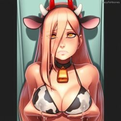 2025 ai_generated animal_print artist_name bell breasts cow_ears cow_horns cow_print crazyfishbones female horns long_hair power_(chainsaw_man) solo