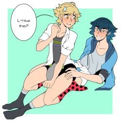 abdl adrien_agreste blonde_hair blush bulge diaper gay hoodie looking_at_partner luka_couffaine male_only miraculous_ladybug shirt sitting_on_person socks two_tone_hair yaoi yuunsfw