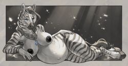 2025 ama_dench_art anthro belly big_belly black_mouth blue_eyes breasts crystal dark_nipples equid equine female fetlocks fur gem hair hand_on_hip hand_on_leg hand_on_thigh hooves inner_ear_fluff inverted_nipples izzabelle_frost jewelry lidded_eyes looking_at_viewer lying mammal mane markings navel necklace necklace_only nipples nude on_side outie_navel pregnant pregnant_anthro pregnant_female relaxing restricted_palette solo striped_arms striped_body striped_fur striped_hair striped_legs striped_markings striped_tail stripes tail tail_markings tail_tuft tuft zebra