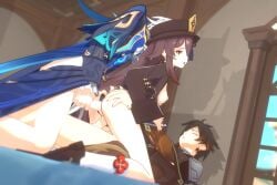 1girls 2boys anal ass bed brown_hair closed_eyes clothed_sex cowgirl_position cowgirl_position cyan_hair double_penetration genshin_impact grabbing_ass grabbing_ass_while_penetrating hat holding_penis hu_tao_(genshin_impact) lying_on_bed mmf_threesome moaning neuvillette_(genshin_impact) panties panties_aside partially_nude penis petite pleasure_face red_eyes sansonnsfw sex sex_from_behind shoes small_breasts socks threesome twintails vaginal_penetration white_hair zhongli_(genshin_impact)