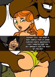 1boy 1girls alternate_version_available big_ass big_butt bubble_ass bubble_butt cartoon_network chef_hatchet chris_mclean dark-skinned_male dark_skin english_text female female_focus huge_ass huge_butt izzy_(tdi) light-skinned_female light_skin orange_hair rear_view total_drama_island yungcreateart