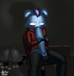 anthro autofellatio balls big_balls big_penis bodily_fluids chair clothed clothing controller depresso furniture game_controller gaming genitals hi_res holding_controller holding_game_controller holding_object huge_cock male masturbation on_chair oral oral_masturbation pal_(species) palworld penile penile_masturbation penis playing_video_game pocketpair saliva saliva_on_penis sherbetjester sitting sitting_on_chair solo
