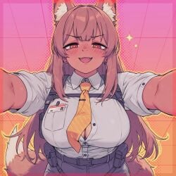 1girls arknights big_breasts blush breasts brown_eyes brown_hair button_gap caffichai clothed female fox_ears fox_girl franka_(arknights) open_mouth pov solo tail tie tight_clothing