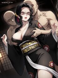 1female 2males ai_generated angry_expression angry_eyes big_breasts demon_slayer fondling_breasts genderswap groping groping_breasts groping_from_behind indoors kibutsuji_muzan kimetsu_no_yaiba kimono mature_female mature_woman milf muzan_kibutsuji nyxarii red_eyes red_lipstick rule_63 sexual_assault sexual_harassment