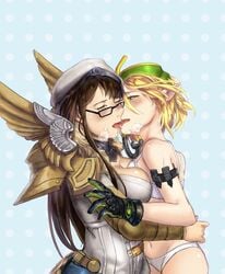 2girls bikini breast_press breasts catherine_(vainglory) female female_only kestrel_(vainglory) kissing summer_party_kestrel vainglory yuri