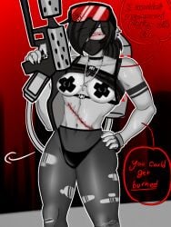 arm_tattoo artist_self-insert athletic_female breast_tape choker cross cute_deth cute_deth(artist) emo emo_girl emo_hair english english_text face_mask facemask female_abs female_focus fit_female flamethrower gloves goggles goggles_on_head hair_over_one_eye hispanic_female latina looking_at_viewer madness_combat madness_combat_(series) madness_combatoc mask original_character ripped_pantyhose scar self_insert self_upload small_breasts speech_bubble strong_female tattoos thong tights torch(character)
