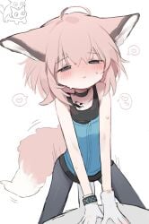 1boy animal_ears arknights black_choker black_pantyhose blue_eyes blue_vest blush choker commentary_request female flat_chest fox_ears fox_girl fox_tail half-closed_eyes heart highres material_growth oripathy_lesion_(arknights) pantyhose parted_lips penis pink_hair short_hair simple_background solo_focus speech_bubble spoken_heart straight sussurro_(arknights) tail unitedunti vest white_background
