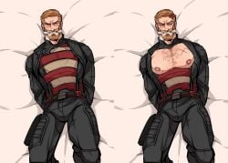 1boy anger_symbol angry beard blonde_hair closed_eyes facial_hair flushed_face fully_clothed gagged human john_walker male marvel marvel_cinematic_universe mcu moustache revealyoursins scar scar_on_chest scars shirt_open solo_male sweat sweaty_chest thunderbolts us_agent