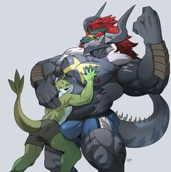 anthro batzz_(buddyfight) biceps black_scales bulge clothing dragon future_card_buddyfight hair hug male male_only muscular muscular_male nipples pecs red_hair rybiok scales shorts