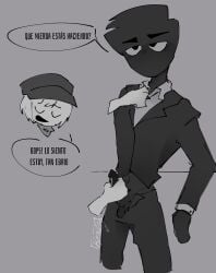 2boys black_(sprunki) black_and_white black_body cock gay gay_blowjob gay_male incredibox incredibox_mod kenvyyyy masturbating_other masturbation spanish_text sprunki text tie tunner_(sprunki) voyeur