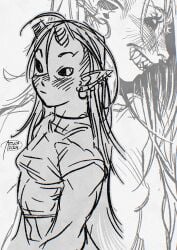 2024 artist_logo artist_name azuza clothed clothing dated ear_piercing ear_ring facial_piercing female grin hair hi_res horn humanoid humanoid_pointy_ears logo long_hair looking_at_viewer monochrome mouth_closed nose_piercing nose_ring piercing pointy_ears ring_piercing septum_piercing septum_ring sharp_teeth simple_background smile solo teeth text