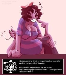 1girls 2d blue_skin bow bowtie cel_shading cleavage cleavage_overflow clothed dialogue dialogue_box female four_arms frisk frisk_(undertale) fully_clothed gender_transformation hair_ornament heart heart_symbol hi_res highres implied_transformation looking_at_viewer monster_girl morbiosussy mtf_transformation muffet muffetification offscreen_character post_transformation purple_skin self_upload simple_background simple_shading skindentation solo spider spider_girl spider_humanoid sprite striped_shirt stripes talking_to_viewer teacup text text_box tight_clothing transformation twinning undertale white_background