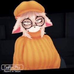 1girls 3d_animation animated anthro beret blush bouncing_breasts embarrassed female flashing_breasts glasses large_breasts oc original original_character tednotbob turtleneck white_fur