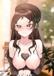 1girls areolae bare_breasts bare_chest bare_nipples bare_shoulders bare_skin bare_tits beret blurred_background blurry_background blush blush_face blushing_at_viewer blushing_female blushing_lines breasts brown_eyebrows brown_eyes brown_eyes_female brown_hair brown_hair_female chocolate cleavage closed_mouth_smile collarbone day daylight daytime embarrassed embarrassed_exposed_female embarrassed_expression embarrassed_female exposed_breasts exposed_chest exposed_nipples exposed_shoulders exposed_skin exposed_tits exposing exposing_breasts exposing_chest exposing_nipple exposing_self female female_focus female_only fingers hair_ribbon hairband half_naked half_nude high_resolution highres idolmaster idolmaster_million_live! kitazawa_shiho large_breasts long_hair looking_at_viewer mou_niu naked naked_female naked_woman nervous nervous_expression nervous_face nervous_female nervous_smile nipples nude nude_female nudity ribbon semi_nude shame shoulders showing_breasts showing_chest showing_nipple shy shy_expression shy_smile smile smiley_face smiling smiling_at_viewer smirk solo the_idolm@ster the_idolm@ster_million_live! uncensored uncensored_breasts uncensored_nipples upper_body