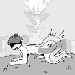 1:1 amphibian animal_genitalia anthro ass balcony big_butt bodily_fluids building car chain-link_fence disembodied_penis doggy_style duo equine_genitalia fence flower from_behind_position genitals glistening glistening_butt grass hi_res ladder legless lily_pad male male/male monochrome penis plant prostate_stimulation saliva satisfied_look sex shrub stick_figure tadpole tree vehicle