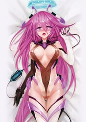 300_heroes android arm_at_side ass_visible_through_thighs bare_shoulders bed_sheet blush breasts breasts_apart cable center_opening collar covered_navel cowboy_shot elbow_gloves female from_above gloves hair_between_eyes halo headgear highres isha_(300_heroes) large_breasts long_hair looking_at_viewer looking_up lying midriff nose_blush on_back open_mouth original peeing peeing_self pink_hair purple_eyes robot_joints saliva screen shiny shiny_skin skin_tight solo straight_hair tech_control thigh_gap thighhighs very_long_hair wet wet_clothes white_gloves white_legwear zhuore_zhi_hen